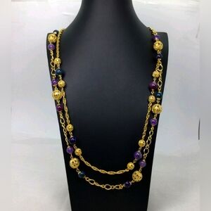 Talbots Goldtone Purple Green Beaded Multi Strand Necklace NWOT 36"